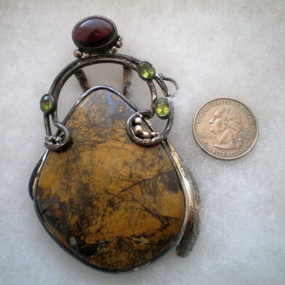 HUGE Vintage Sterling Yellow Tiger Jasper Garnet Peridot Pendant Enhancer 95 g.